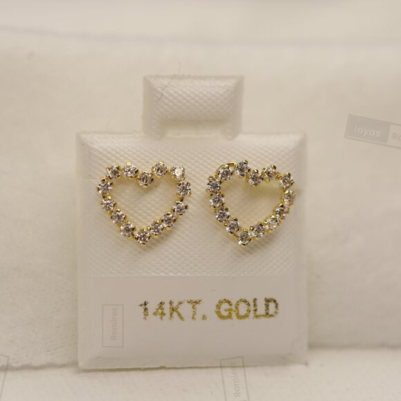 14K Solid Gold Heart Stud Earrings With Zirconia • Fine Jewelry. - Picture 1 of 6